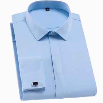 Quality  French Cufflinks cover button turndown collar long sleeve solid plain business men slim fit non-iron dress shirts