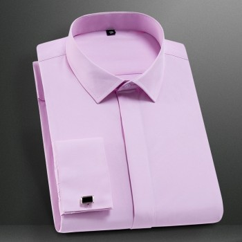 Quality  French Cufflinks cover button turndown collar long sleeve solid plain business men slim fit non-iron dress shirts
