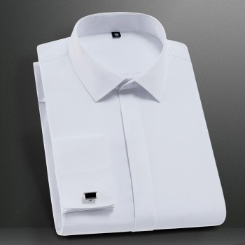 Quality  French Cufflinks cover button turndown collar long sleeve solid plain business men slim fit non-iron dress shirts
