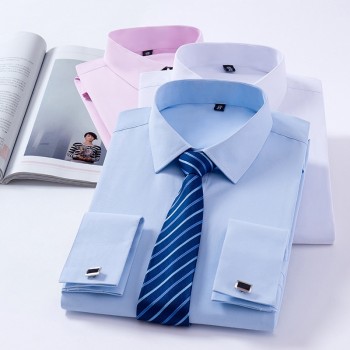 Quality  French Cufflinks cover button turndown collar long sleeve solid plain business men slim fit non-iron dress shirts