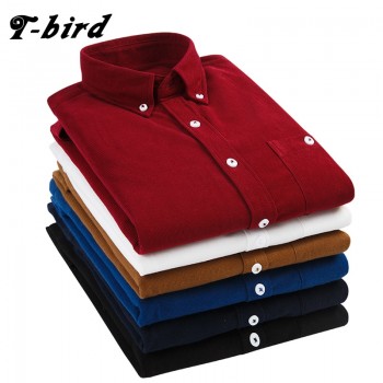 T-Bird 2108 New Shirts Men Clothing Long Sleeves Corduroy Dress Shirt Autumn Brand Casual Mens Shirt Solid Male Slim Fit Shirt