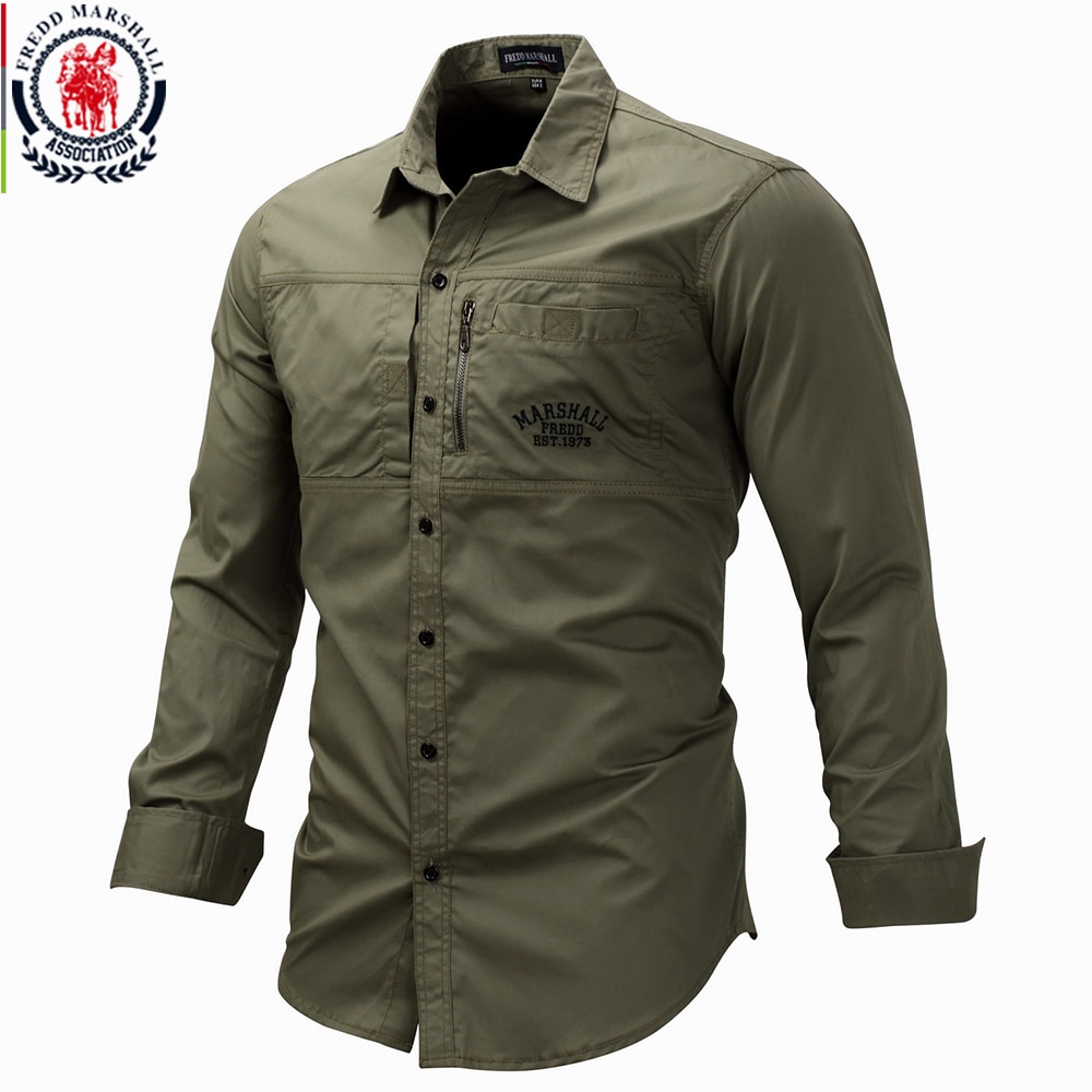 Fredd Marshall 2018 Fashion Military Shirt Long Sleeve Multi-pocket Casual Shirts Brand Clothes Camisa Masculina Plus Size 117