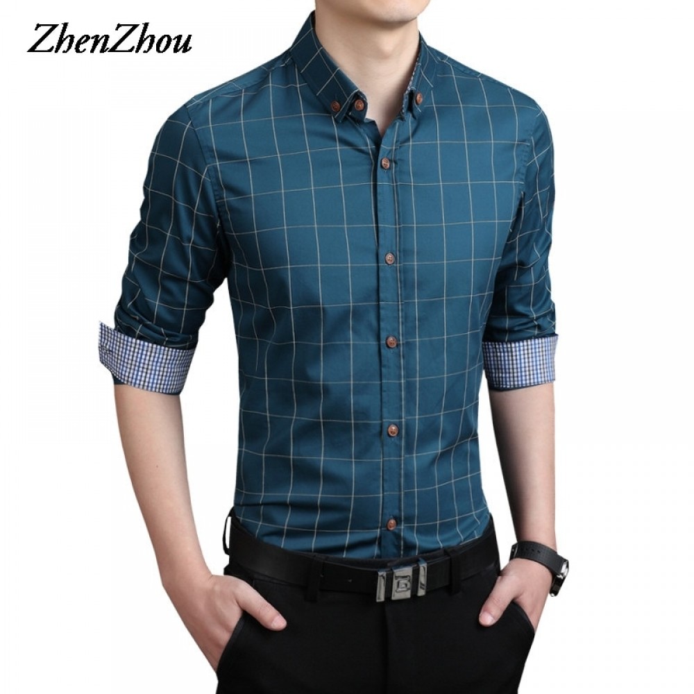 ZhenZhou Plaid Men Shirt Long Sleeve Slim Fit M-5XL 100% Cotton Mens Dress Shirts Male Clothes Social Casual Shirts For Men