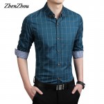 ZhenZhou Plaid Men Shirt Long Sleeve Slim Fit M-5XL 100% Cotton Mens Dress Shirts Male Clothes Social Casual Shirts For Men