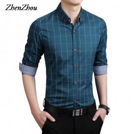 ZhenZhou Plaid Men Shirt Long Sleeve Slim Fit M-5XL 100% Cotton Mens Dress Shirts Male Clothes Social Casual Shirts For Men
