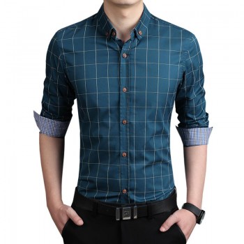ZhenZhou Plaid Men Shirt Long Sleeve Slim Fit M-5XL 100% Cotton Mens Dress Shirts Male Clothes Social Casual Shirts For Men