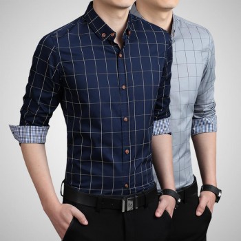 ZhenZhou Plaid Men Shirt Long Sleeve Slim Fit M-5XL 100% Cotton Mens Dress Shirts Male Clothes Social Casual Shirts For Men