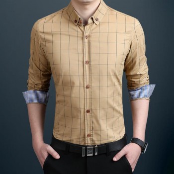 ZhenZhou Plaid Men Shirt Long Sleeve Slim Fit M-5XL 100% Cotton Mens Dress Shirts Male Clothes Social Casual Shirts For Men