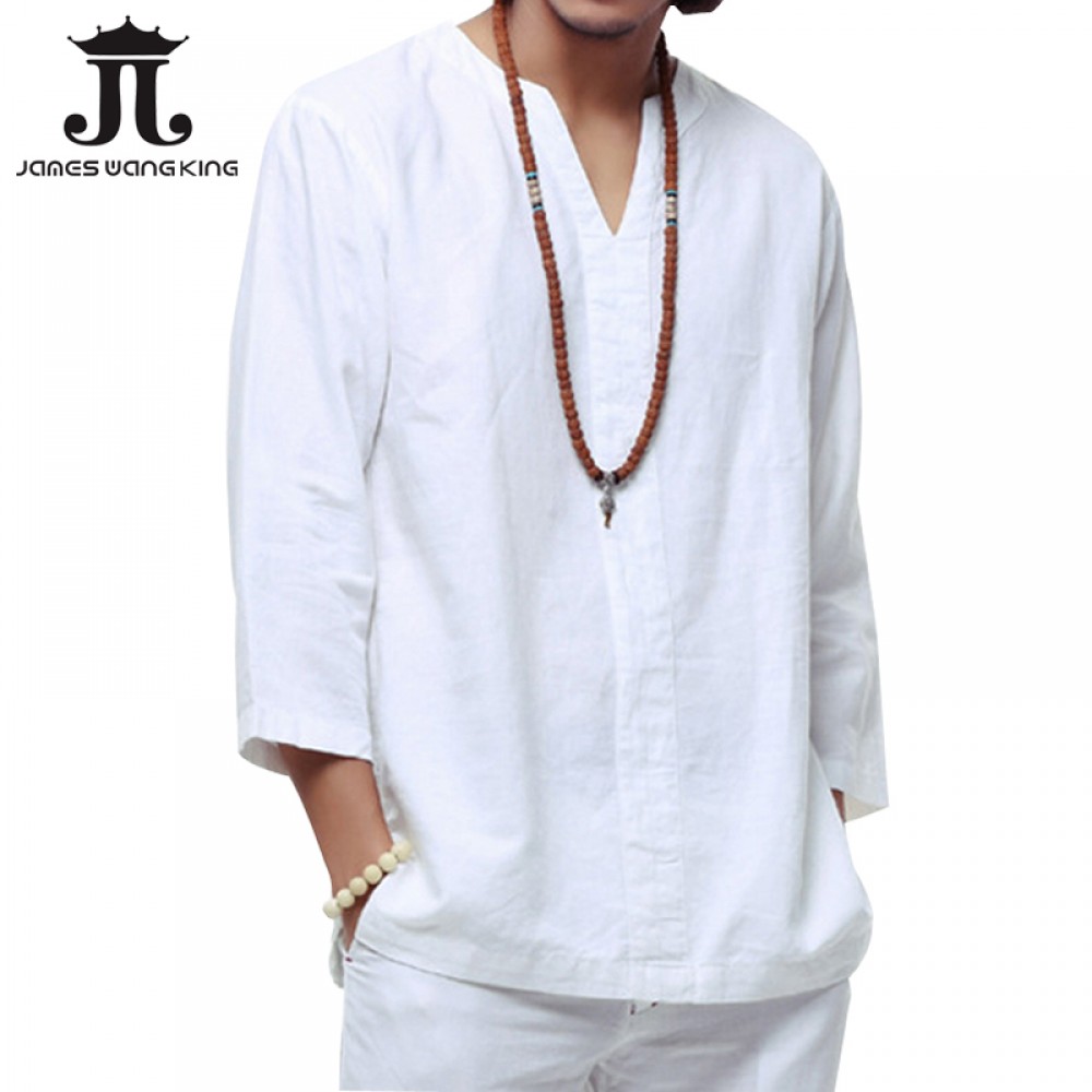 New 2018 linen shirt men casual cotton Breathable white soft three quarter shirts man camisa masculina Plus size 4XL/5XL TX55