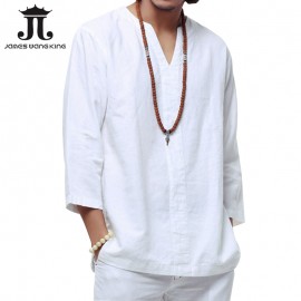 New 2018 linen shirt men casual cotton Breathable white soft three quarter shirts man camisa masculina Plus size 4XL/5XL TX55