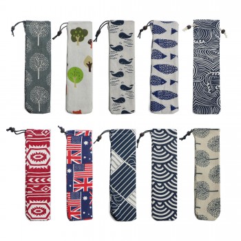 JANKNG 1-Pcs Metal Straw Bags Mutil-Color Resuable Straw Linen Storage Bag Pouch Chopsticks Spoon Tableware Bag Clean Brush