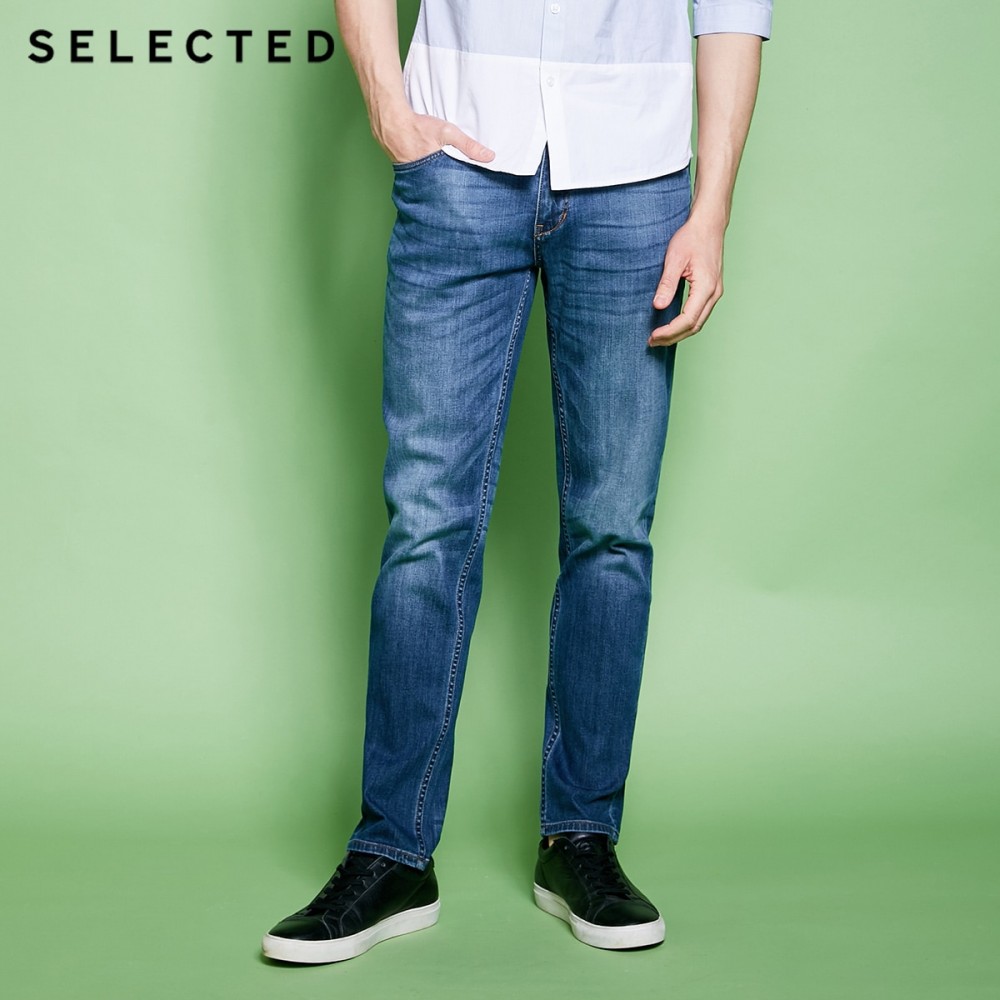 SELECTED Mens Cotton-blend Slight Stretch Whiskers Wash Effect Slim Fit Jeans C|418132525