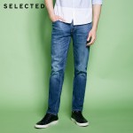 SELECTED Mens Cotton-blend Slight Stretch Whiskers Wash Effect Slim Fit Jeans C|418132525