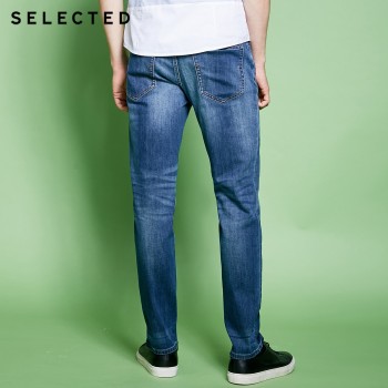 SELECTED Mens Cotton-blend Slight Stretch Whiskers Wash Effect Slim Fit Jeans C|418132525