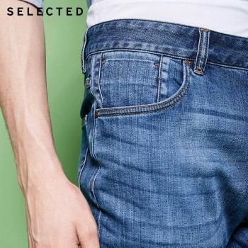 SELECTED Mens Cotton-blend Slight Stretch Whiskers Wash Effect Slim Fit Jeans C|418132525