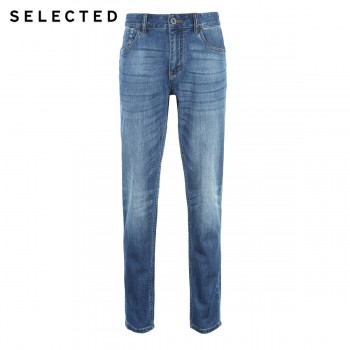 SELECTED Mens Cotton-blend Slight Stretch Whiskers Wash Effect Slim Fit Jeans C|418132525