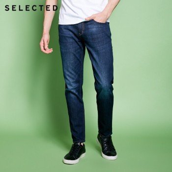 SELECTED Mens Cotton-blend Slight Stretch Whiskers Wash Effect Slim Fit Jeans C|418132525