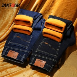jantour Warm Jeans Men winter High Quality Famous Brand velvet Fleece Straight Jean trousers flocking warm mens pants male 40