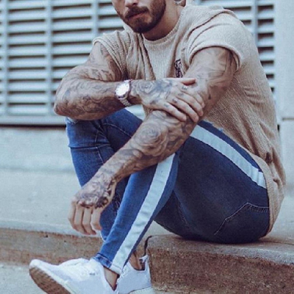 MoneRffi Mens Skinny Jeans Bands Male Hole Side Stripe Zipper Distressed Stretch Jeans Homme Casual Ripped Tore Jeans For Men