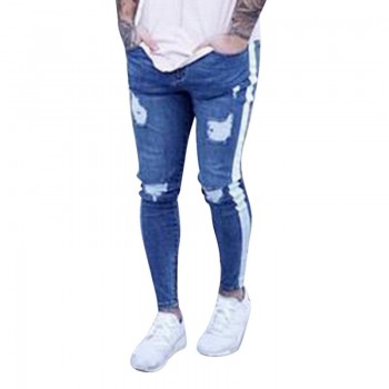 MoneRffi Mens Skinny Jeans Bands Male Hole Side Stripe Zipper Distressed Stretch Jeans Homme Casual Ripped Tore Jeans For Men