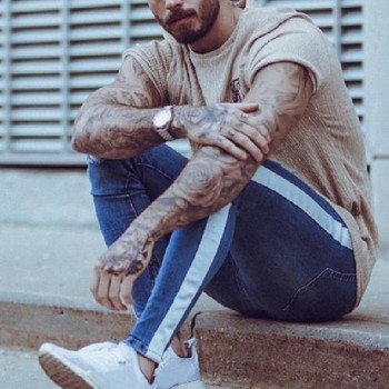 MoneRffi Mens Skinny Jeans Bands Male Hole Side Stripe Zipper Distressed Stretch Jeans Homme Casual Ripped Tore Jeans For Men