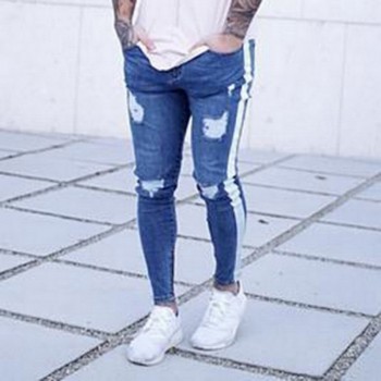 MoneRffi Mens Skinny Jeans Bands Male Hole Side Stripe Zipper Distressed Stretch Jeans Homme Casual Ripped Tore Jeans For Men