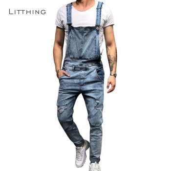 Litthing 2019 Fashion Mens Ripped Jeans Jumpsuit Hi Street Distressed Hole Denim Bib Overalls Man Suspender Pants Plus Size M-XL