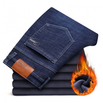 2019 Winter New Mens Warm Black Jeans Elasticity Slim Fit Thicken Denim Pants Brand Trousers Male Bule Big Size 38 40 42 44 46