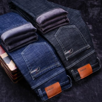 2019 Winter New Mens Warm Black Jeans Elasticity Slim Fit Thicken Denim Pants Brand Trousers Male Bule Big Size 38 40 42 44 46