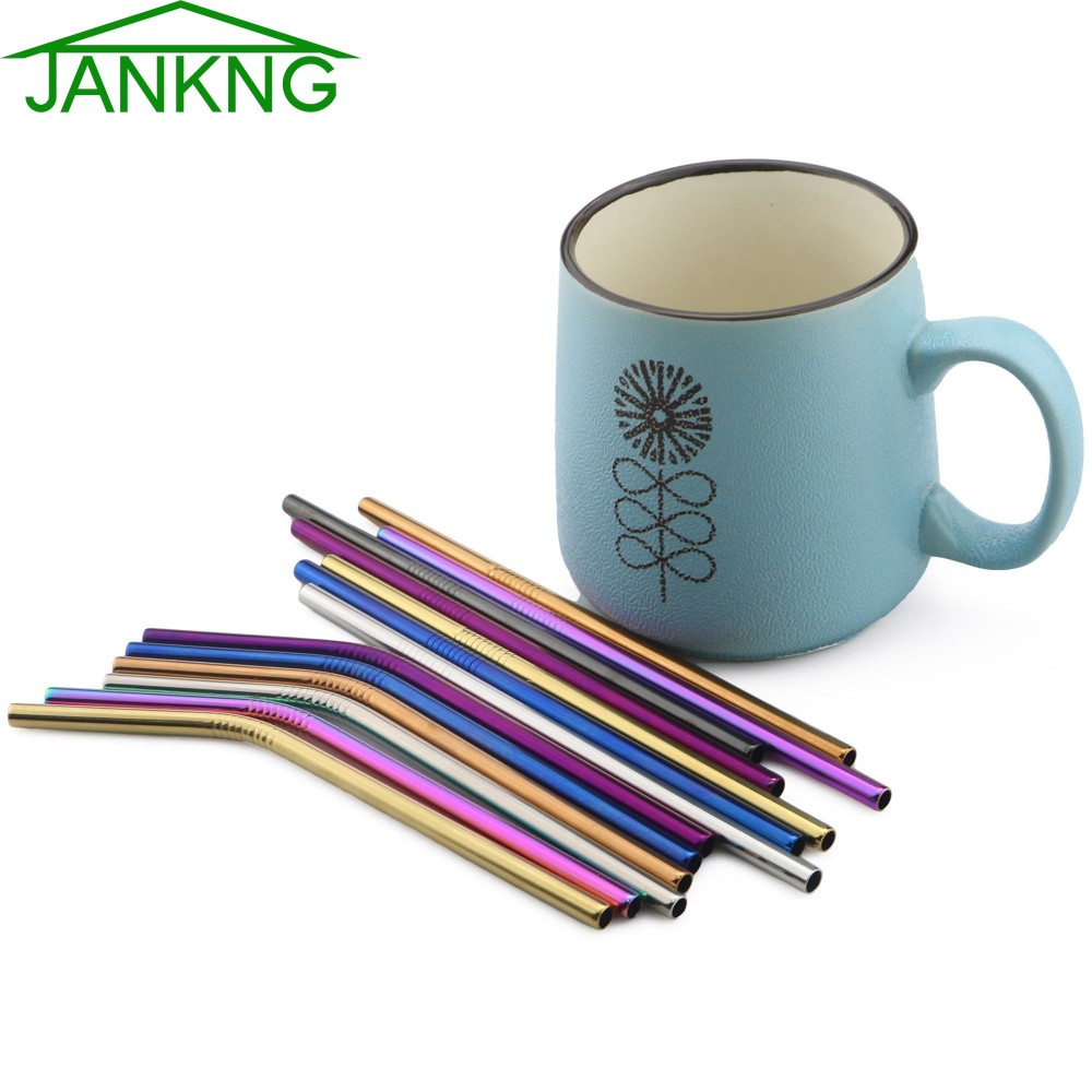 JANKNG Short 16cm Colorful Metal Straw 3-Pcs Stainless Steel Straws Reusable Bent Straw Mug Coffee Drinking Straw Cleaner Brush