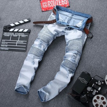 Fashion Skinny Men Jean Slim Elastic Jean Homme Washed Ripped Mens Hip Hop Pants Jeans Blue Black Mens Denim Biker Jeans