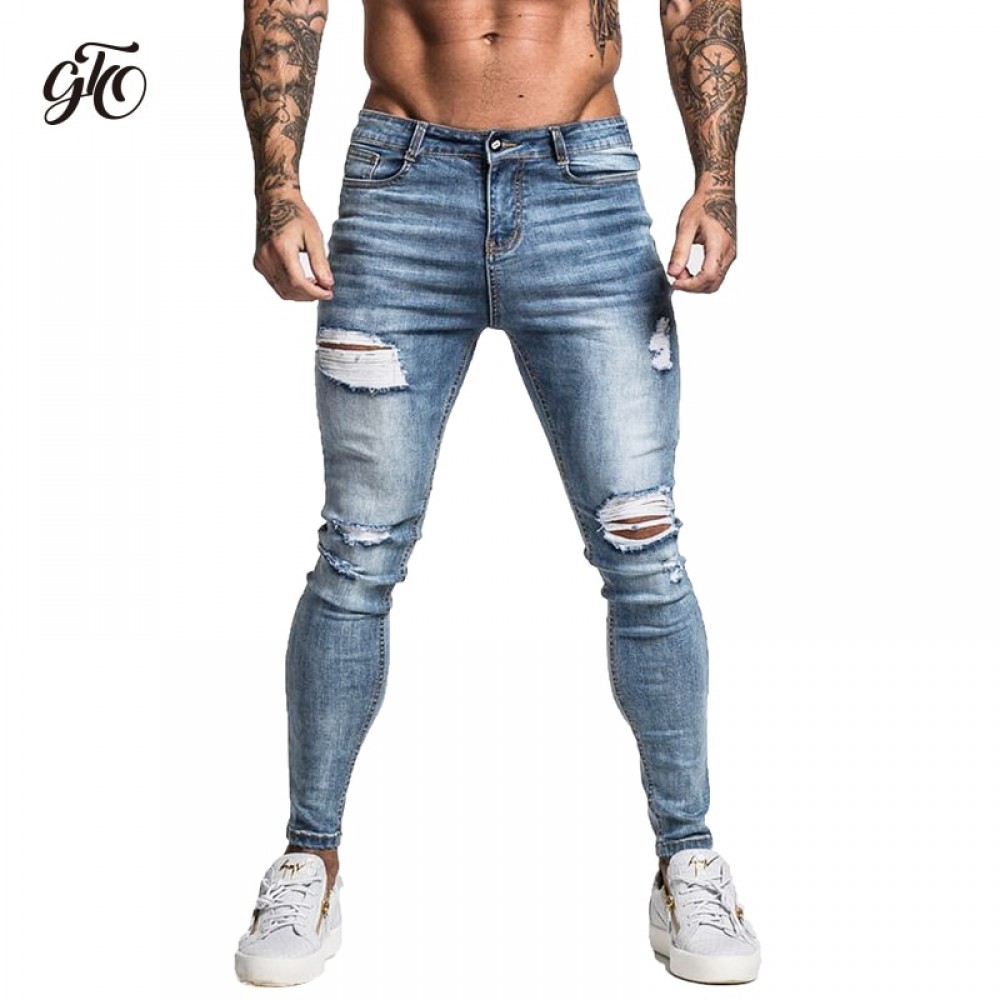 Gingtto Skinny Jeans For Men Faded Blue Ripped Distressed Stretch Hip Hop Slim Fit Pants Super Spray On Repaired Plus Size zm45