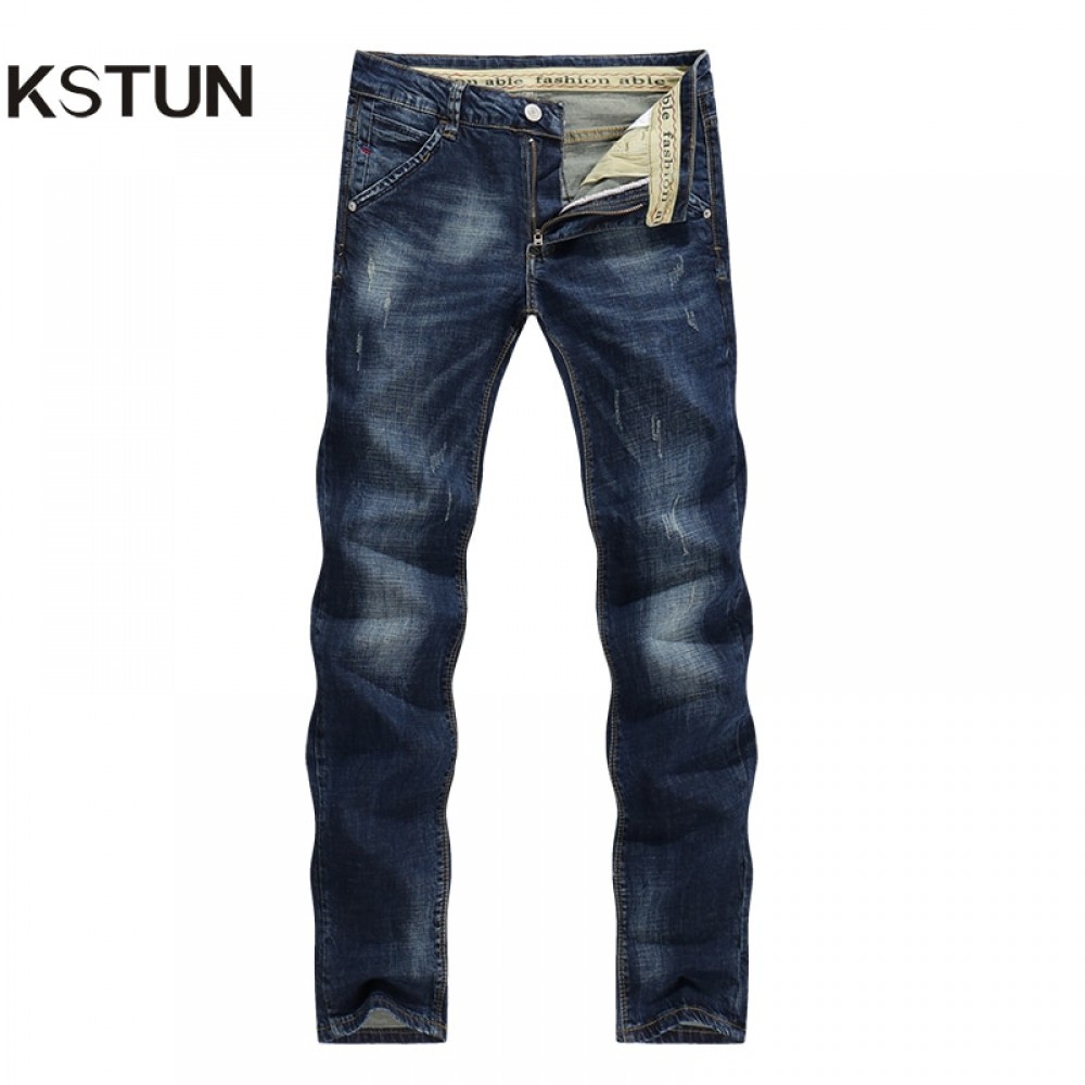 KSTUN Mens Jeans Classic Direct Stretch Dark Blue Business Casual Denim Pants Slim Scratched Long Trousers Gentleman Cowboys 38