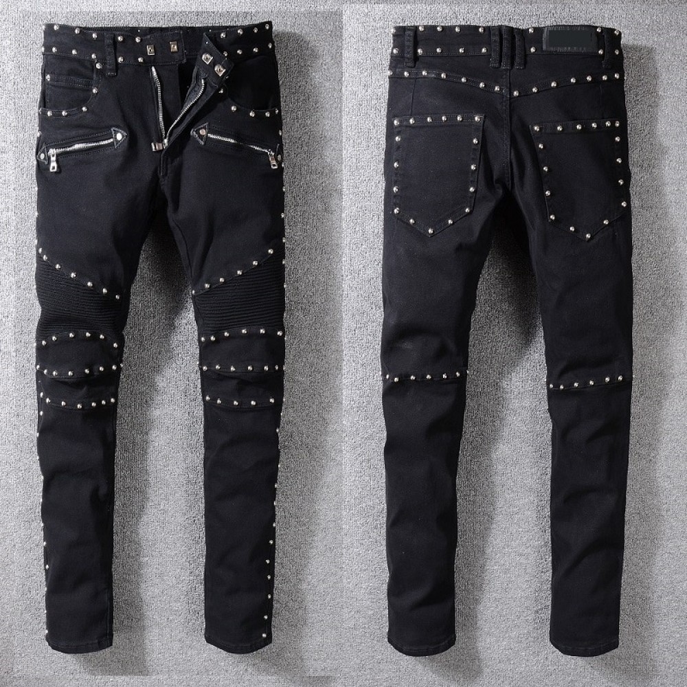New France Style #1061# Mens Metal Rivet Moto Pants Ribbed Black Skinny Denim Biker Jeans Stretch Slim Trousers Size 29-42