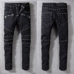 New France Style #1061# Mens Metal Rivet Moto Pants Ribbed Black Skinny Denim Biker Jeans Stretch Slim Trousers Size 29-42