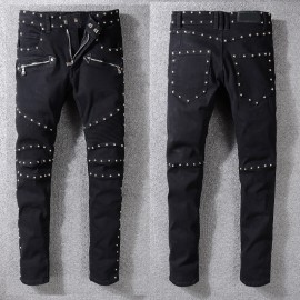 New France Style #1061# Mens Metal Rivet Moto Pants Ribbed Black Skinny Denim Biker Jeans Stretch Slim Trousers Size 29-42