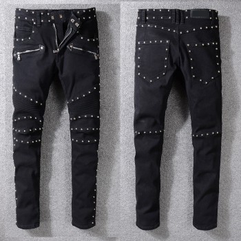 New France Style #1061# Mens Metal Rivet Moto Pants Ribbed Black Skinny Denim Biker Jeans Stretch Slim Trousers Size 29-42