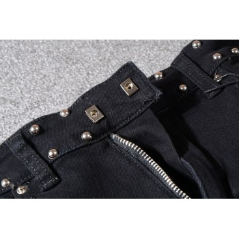 New France Style #1061# Mens Metal Rivet Moto Pants Ribbed Black Skinny Denim Biker Jeans Stretch Slim Trousers Size 29-42