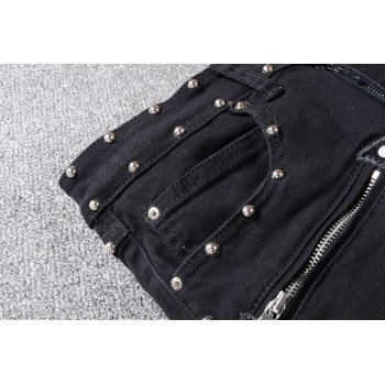 New France Style #1061# Mens Metal Rivet Moto Pants Ribbed Black Skinny Denim Biker Jeans Stretch Slim Trousers Size 29-42
