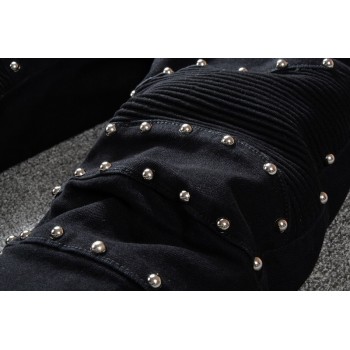 New France Style #1061# Mens Metal Rivet Moto Pants Ribbed Black Skinny Denim Biker Jeans Stretch Slim Trousers Size 29-42
