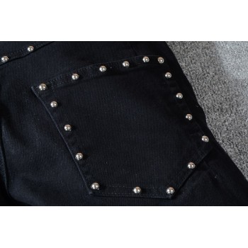 New France Style #1061# Mens Metal Rivet Moto Pants Ribbed Black Skinny Denim Biker Jeans Stretch Slim Trousers Size 29-42