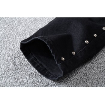 New France Style #1061# Mens Metal Rivet Moto Pants Ribbed Black Skinny Denim Biker Jeans Stretch Slim Trousers Size 29-42