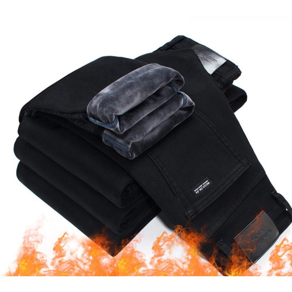Sulee Brand Trousers Grey Fleece Men Clothes  Black Elasticity Warm Thinker Winter Jeans Business Casual Male Denim Slim Pants