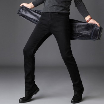 Sulee Brand Trousers Grey Fleece Men Clothes  Black Elasticity Warm Thinker Winter Jeans Business Casual Male Denim Slim Pants