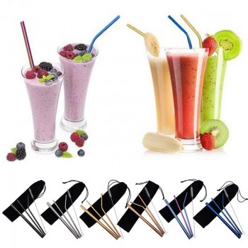 Stainless Steel Pattern Beverage Tube Straw Color Pattern Metal Milk Tea Drink Straw 4 Piece Combination Bag Set