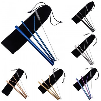 Stainless Steel Pattern Beverage Tube Straw Color Pattern Metal Milk Tea Drink Straw 4 Piece Combination Bag Set