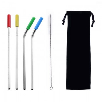 4Pcs/Set Reusable Stainless Steel Drinking Straws Set With Silicone Tips And Cleaning Brush Metal Straws For 30oz 20oz Tumblers