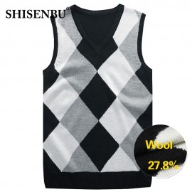 winter Geometric patterns Sweater Vest Men Wool Pullover Brand V-Neck Mens Sleeveless Business vests Male Knitted Cashmere 2019