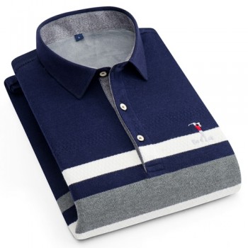 Mens Striped Shirts Collar Pullover Sweater Casual Standard-fit Long Sleeve Comfortable Thicken Fleece Warm Knitted Sweaters