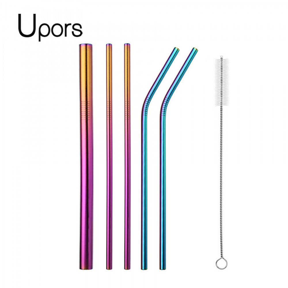 UPORS 6pcs Metal Straw Set Reusable Straw 304 Stainless Steel Drinking Straw with Brush For Smoothies Tapioca Pearls Milk Tea